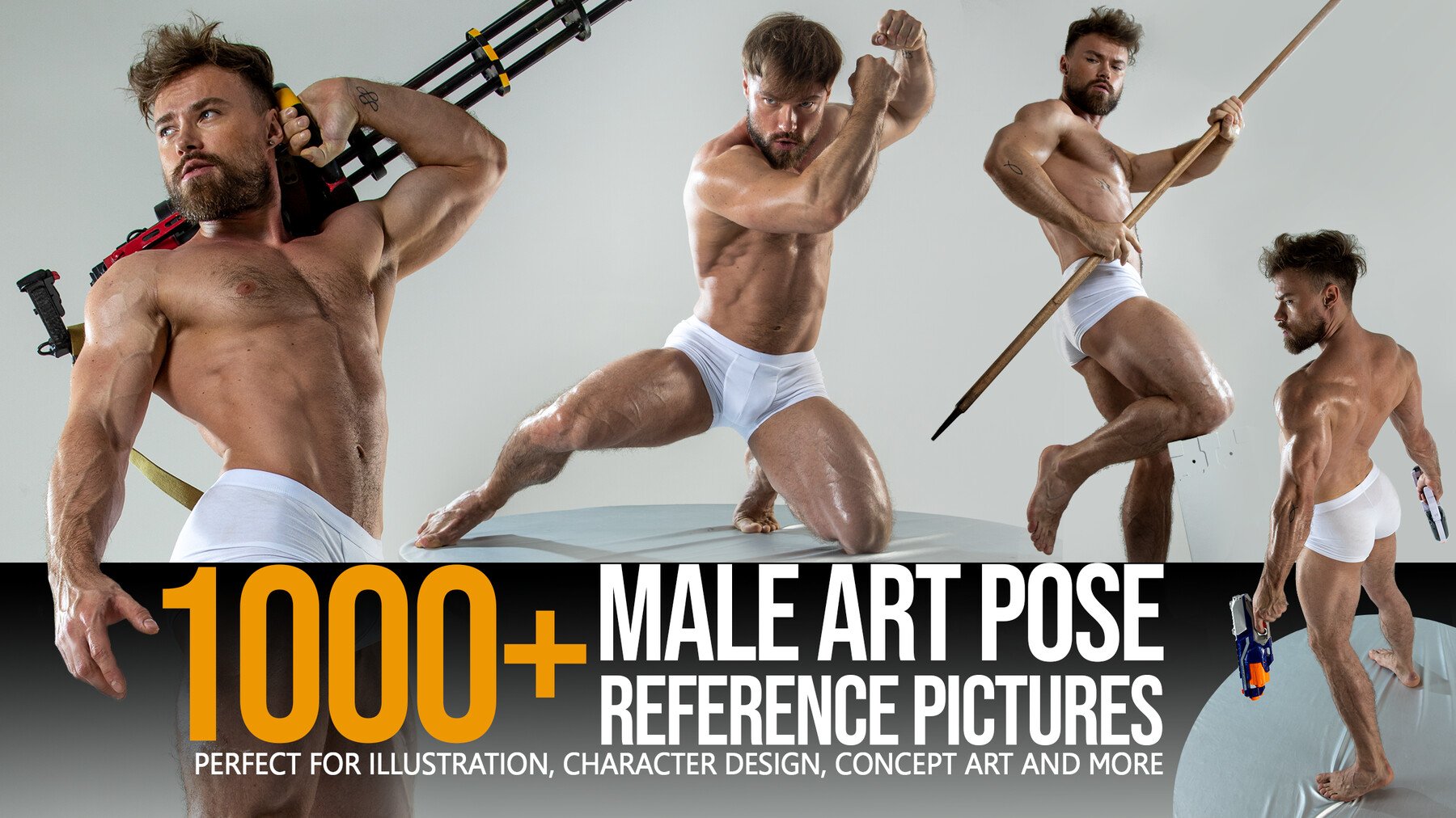 the image shows a muscular male model in different poses. the images are titled "1000+ male art pose reference pictures" and are perfect for illustration, character design, concept art, and more.
