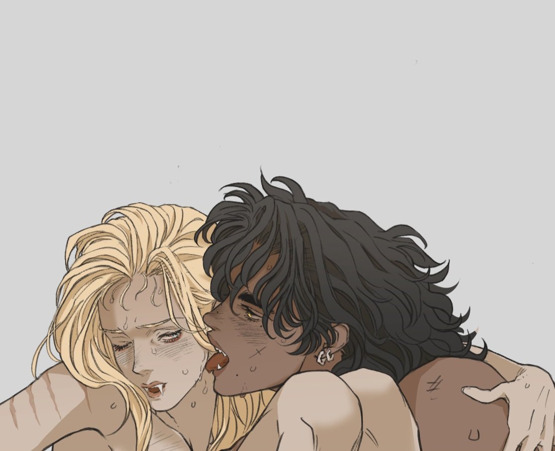 an illustration depicts an intimate scene with an interracial couple. one character with black hair and dark skin is licking the neck of another character with blonde hair and light skin. both appear to be sweating and possibly injured, with visible scars. the blonde character has visible fangs, indicating they may be a vampire. the darkskinned character is wearing earrings. the overall tone suggests a romantic and intense encounter.