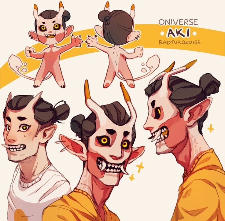 a digital illustration of an oni anime character with yellow horns and a red and white oni mask. the art style is whimsical and cute, with a cartoonish look.  the oni has a yellow background with the artist's name.