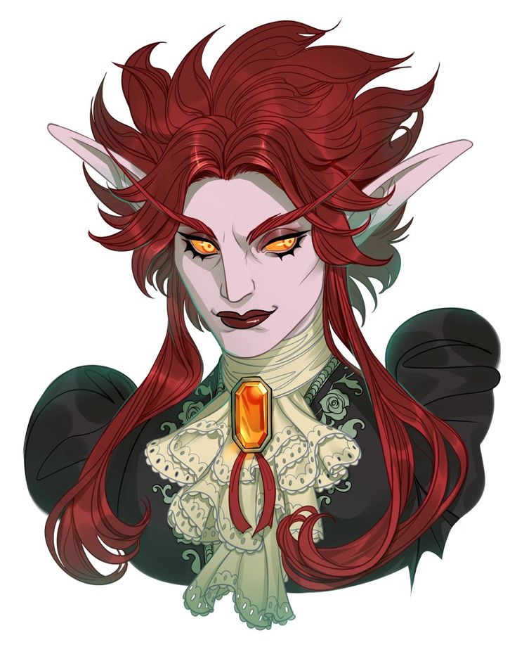 this is a digital illustration of an elf woman. she has long, flowing red hair and pointed ears. she is wearing a black dress with a white lace collar and a jewel necklace. her eyes are a bright yellow color and she has a smirk on her face.