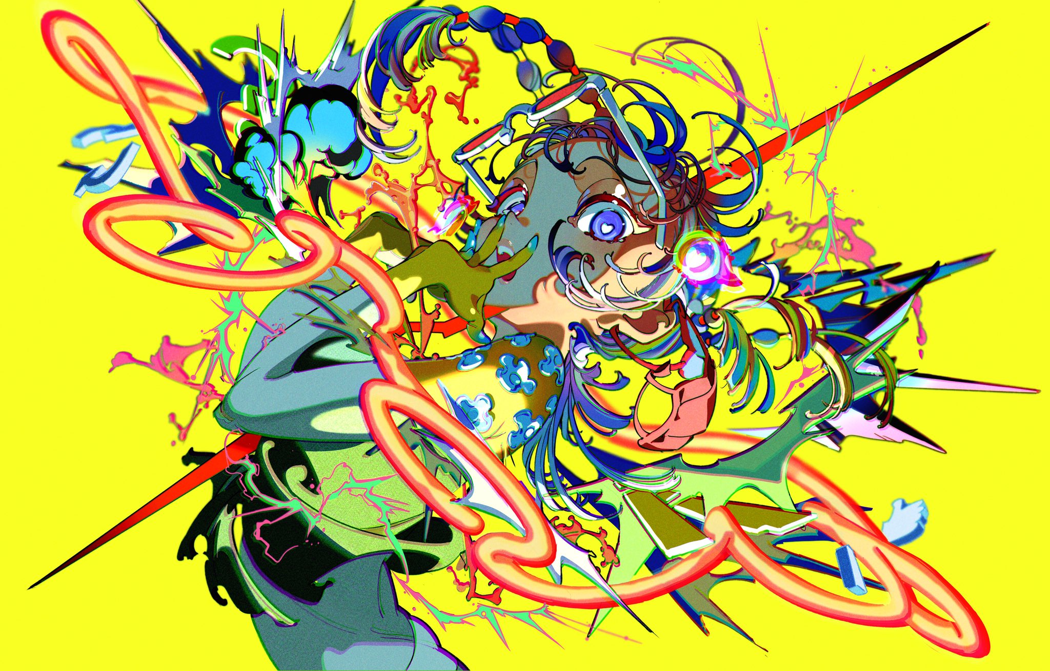 the image is a vibrant and energetic digital illustration of an anime girl with a colorful and abstract style. the girl is depicted with blue and purple hair, wearing a yellow and green outfit, and surrounded by bright neon colors and shapes. the image is filled with motion and dynamism, creating a sense of energy and movement. the use of splatter and splash effects adds to the chaotic and psychedelic feel of the artwork. overall, the image is a visually striking example of digital art with a strong cyberpunk and futuristic vibe.