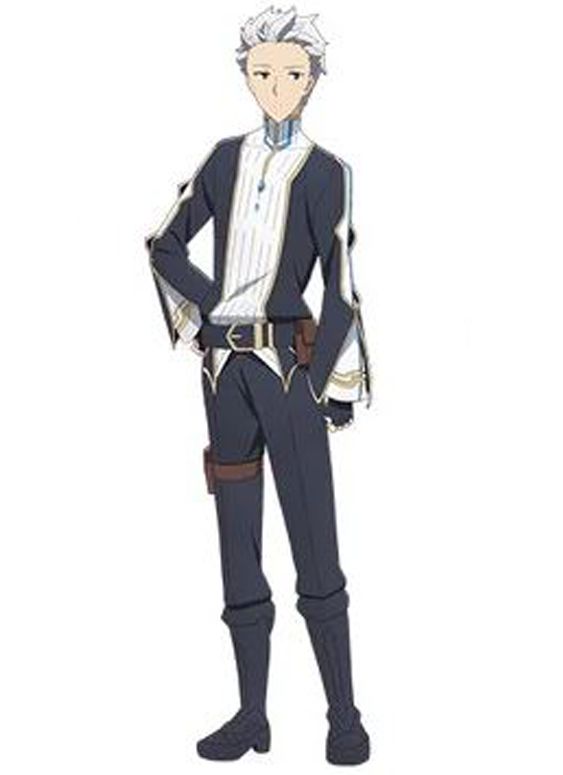 an anime character with white hair and blue eyes, dressed in a blue shirt with white stripes, black pants, a brown belt and black shoes. he is standing and looking at the viewer.