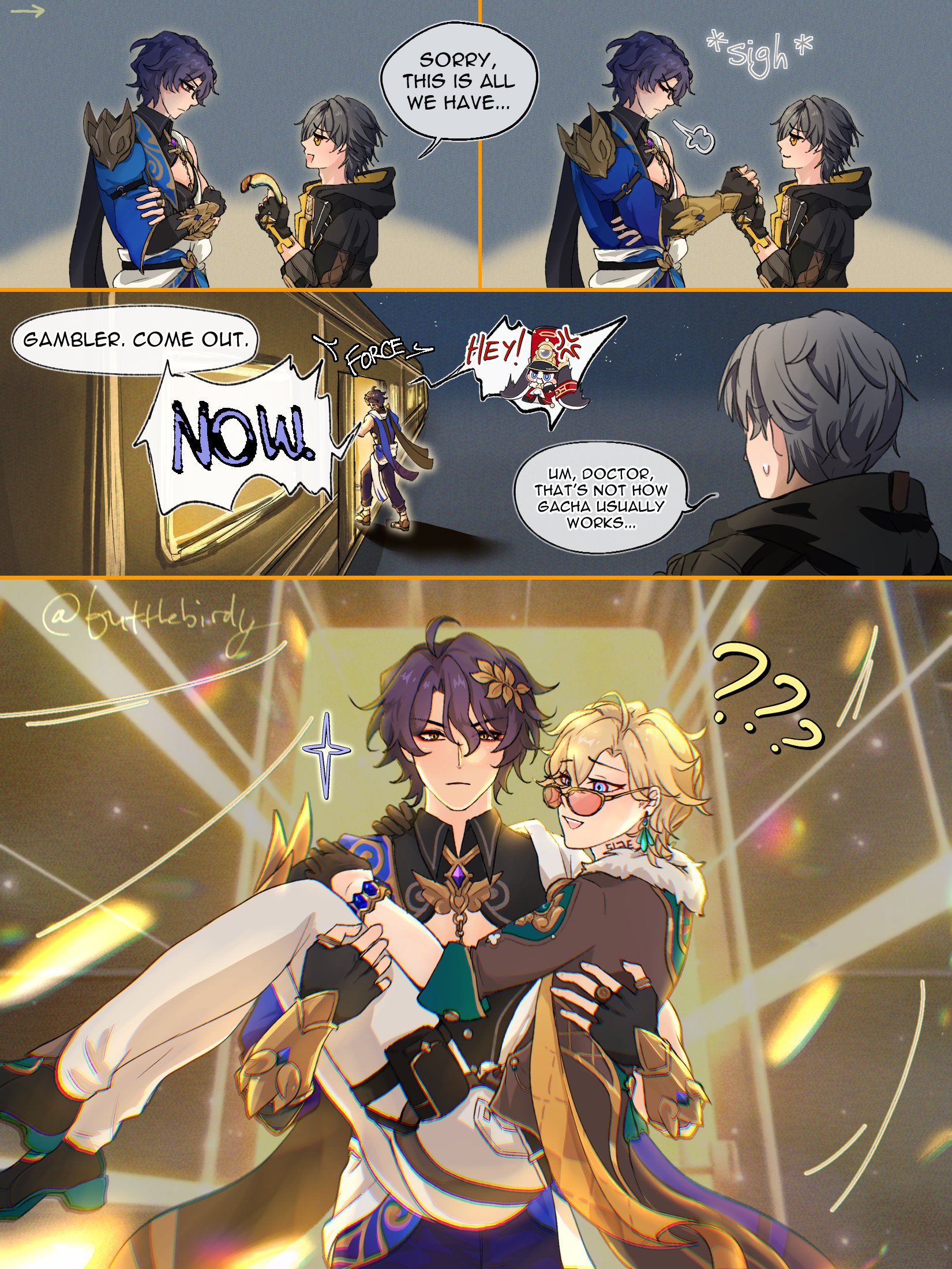 this is a digital fanart comic strip based on the popular game genshin impact. it depicts a humorous interaction between several characters. the first panel shows two characters seemingly handing over a meager item, with text implying that it is all they have.  the next panel shows a character trying to force another to come out. the third panel illustrates the characters' reaction to the situation, where one character points out that the method being used is not how gacha typically functions. the final panel features one character carrying another in a seemingly confused but affectionate manner. the art style is vibrant and in the anime/manga style. the characters are recognizable genshin impact characters.