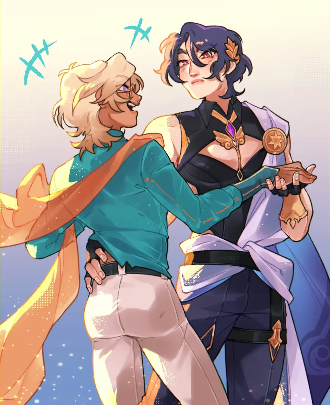 the image is a vibrant digital fanart depicting two animestyle male characters engaged in a close, affectionate dance.  one character has blonde hair and is wearing a teal shirt and white pants, while the other has purple hair and a more elaborate, dark fantasyinspired outfit. they are close together, with the blonde character smiling happily and the purplehaired character appearing slightly more reserved but still engaged in the dance. the style is soft and romantic, with a gentle light source creating a glowing effect. the background is a simple, light blue with subtle sparkle effects. the overall mood is one of tender intimacy and joy.
