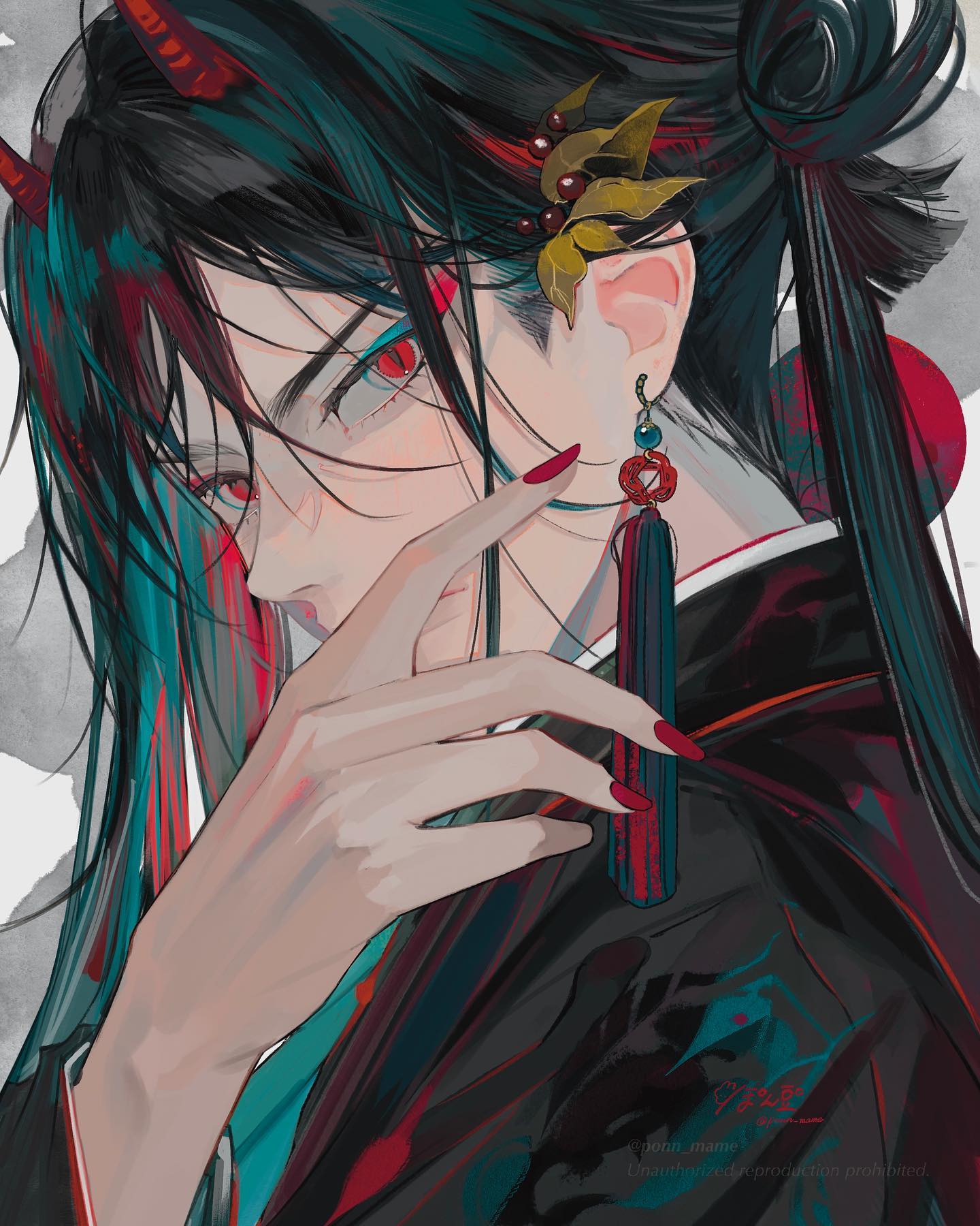 the image is a digital painting or illustration in an anime style featuring a character with long, dark hair styled in a topknot,  small red horns, and striking red eyes.  they are wearing a darkcolored traditional asianinspired outfit, possibly a kimono or haori, adorned with ornate earrings.  their hand is raised to their face, fingers lightly touching their cheek, in a seemingly coy or thoughtful pose. the overall color palette is dark and moody, with rich teal and red accents that highlight the character's features. the style is detailed and expressive, with a focus on the character's eyes and the texture of their hair and clothing. the background is indistinct, drawing attention to the figure in the foreground. the overall impression is one of enigmatic beauty and dark fantasy aesthetics.