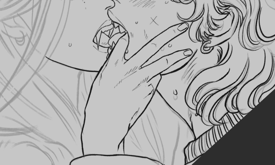 the image is a black and white sketch of a vampire biting someone's neck. the vampire has fangs and is holding the person's face with their hand. the person being bitten has curly hair.