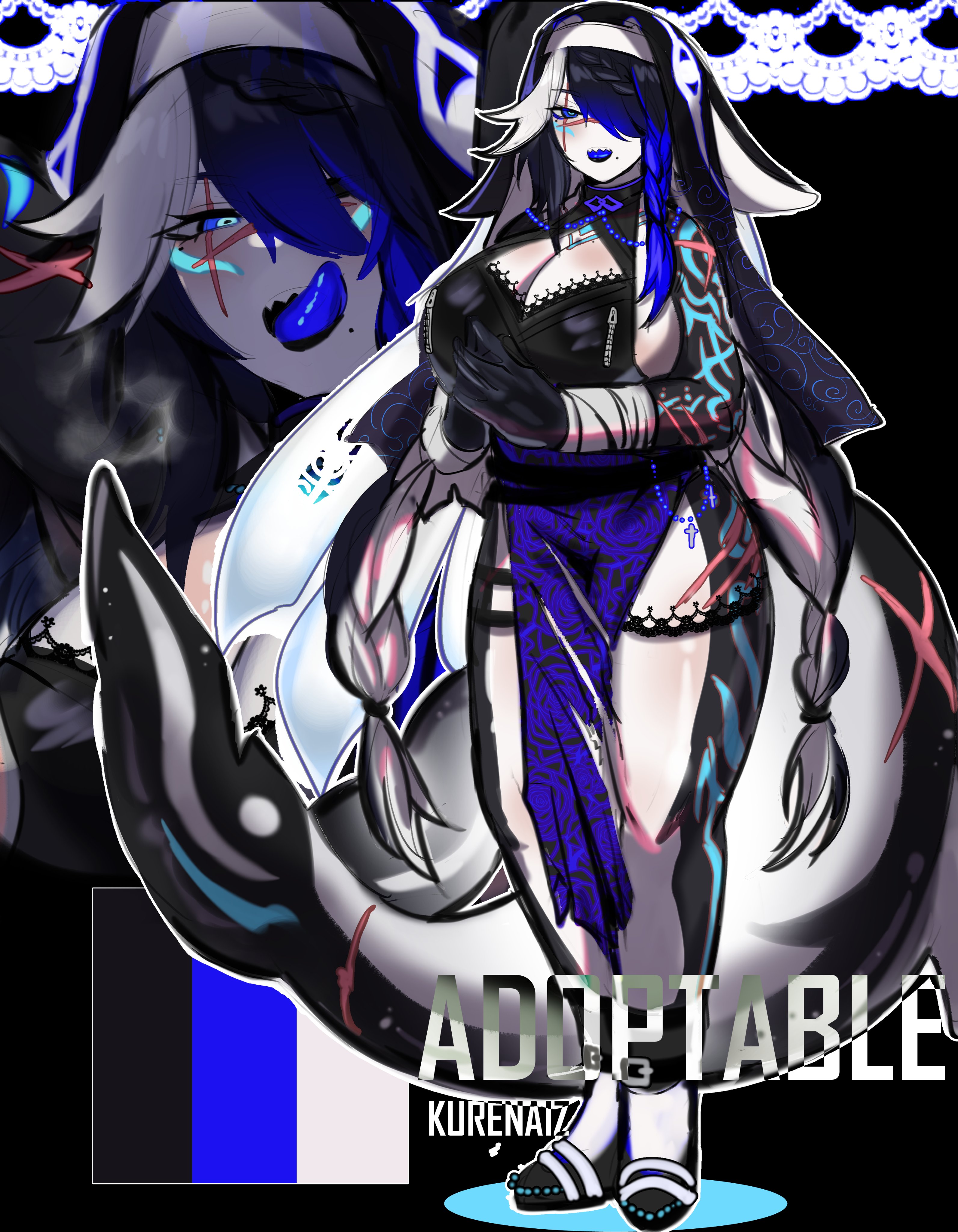 the image is a digital illustration of an animestyle female character with long black and blue hair, blue eyes and white skin. she is wearing a black and white outfit and has a tattoo on her left arm. she looks fierce and powerful. the background is black and white, and the image is made with a combination of soft and harsh brushstrokes. the character is designed to be "adoptable", meaning that others can purchase the rights to use her for their own projects.