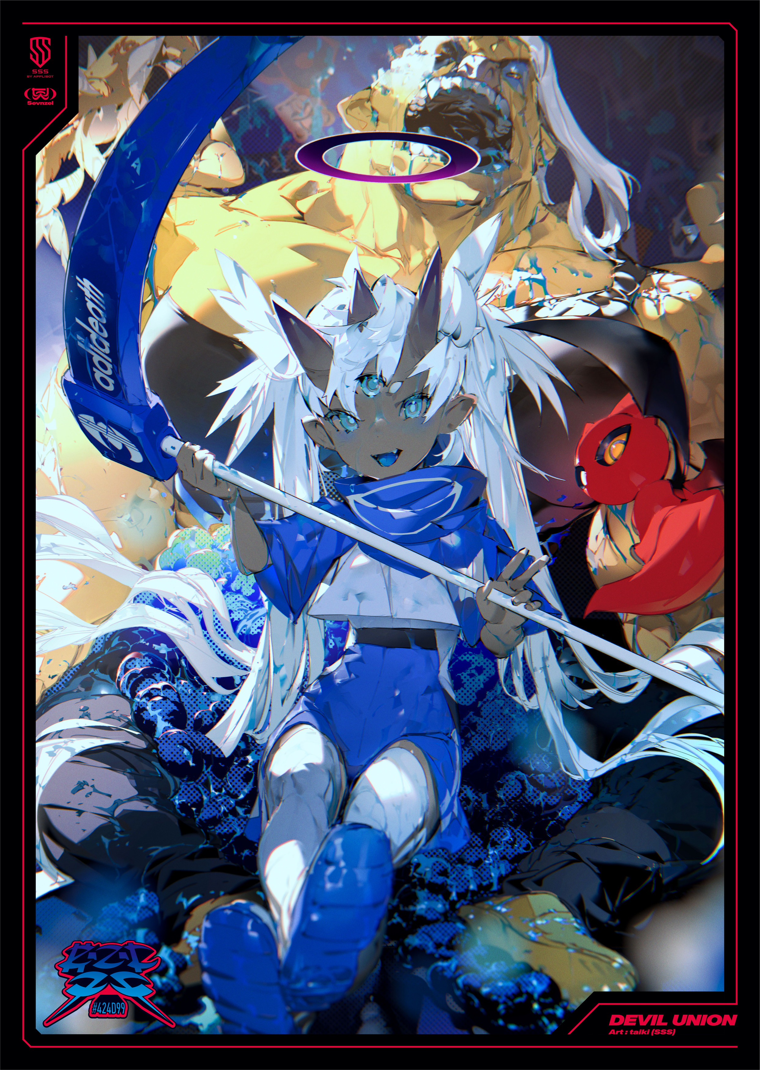the image is a vibrant and dynamic digital painting featuring a young animestyle girl with horns and white hair. she's dressed in a blue and white outfit and wielding a blue scythe. in the background, a larger figure, possibly a male demon or angel, is visible, appearing somewhat monstrous and partially obscured. a small red creature is also present near the larger figure. the overall style is fantasyinspired, blending elements of angelic and demonic imagery. the color palette is predominantly blue, white, and black, with splashes of red and yellow. the art is detailed and expressive, with a strong emphasis on movement and energy.  the text "devil union" is visible in the bottom right corner, possibly indicating the source or context of the artwork.