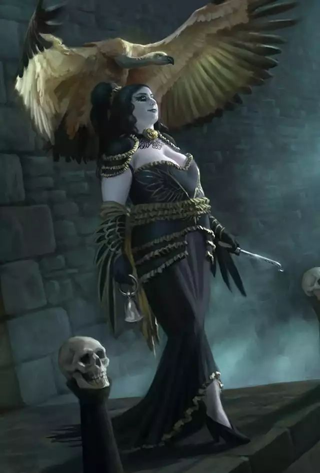 a woman with a long, dark dress and a sinister expression stands in a dimly lit environment, her silhouette outlined by the shape of a large, menacing vulture perched above her head. the woman's attire is adorned with intricate patterns and accents, hinting at her mysterious and possibly dangerous nature. in her hand, she holds a staff topped with a skull. the scene exudes an air of darkness and foreboding, suggesting a world of magic and the supernatural.