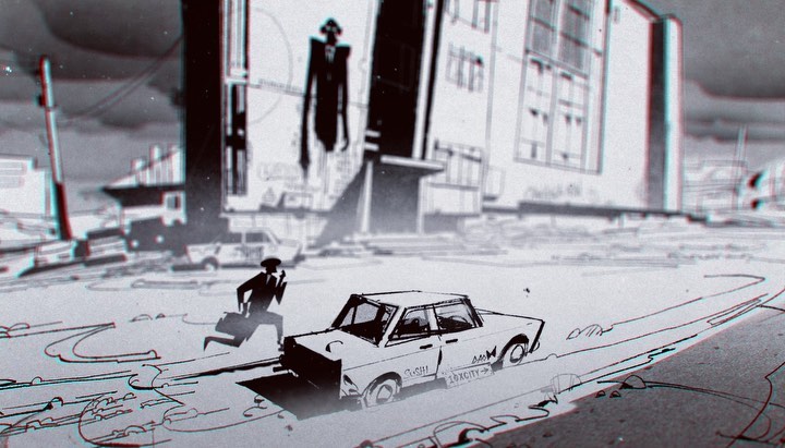 a man is running toward a white car on a street with an apartment building in the background. the image is a black and white sketch with a digital overlay. the style is reminiscent of a 1980s cyberpunk aesthetic.