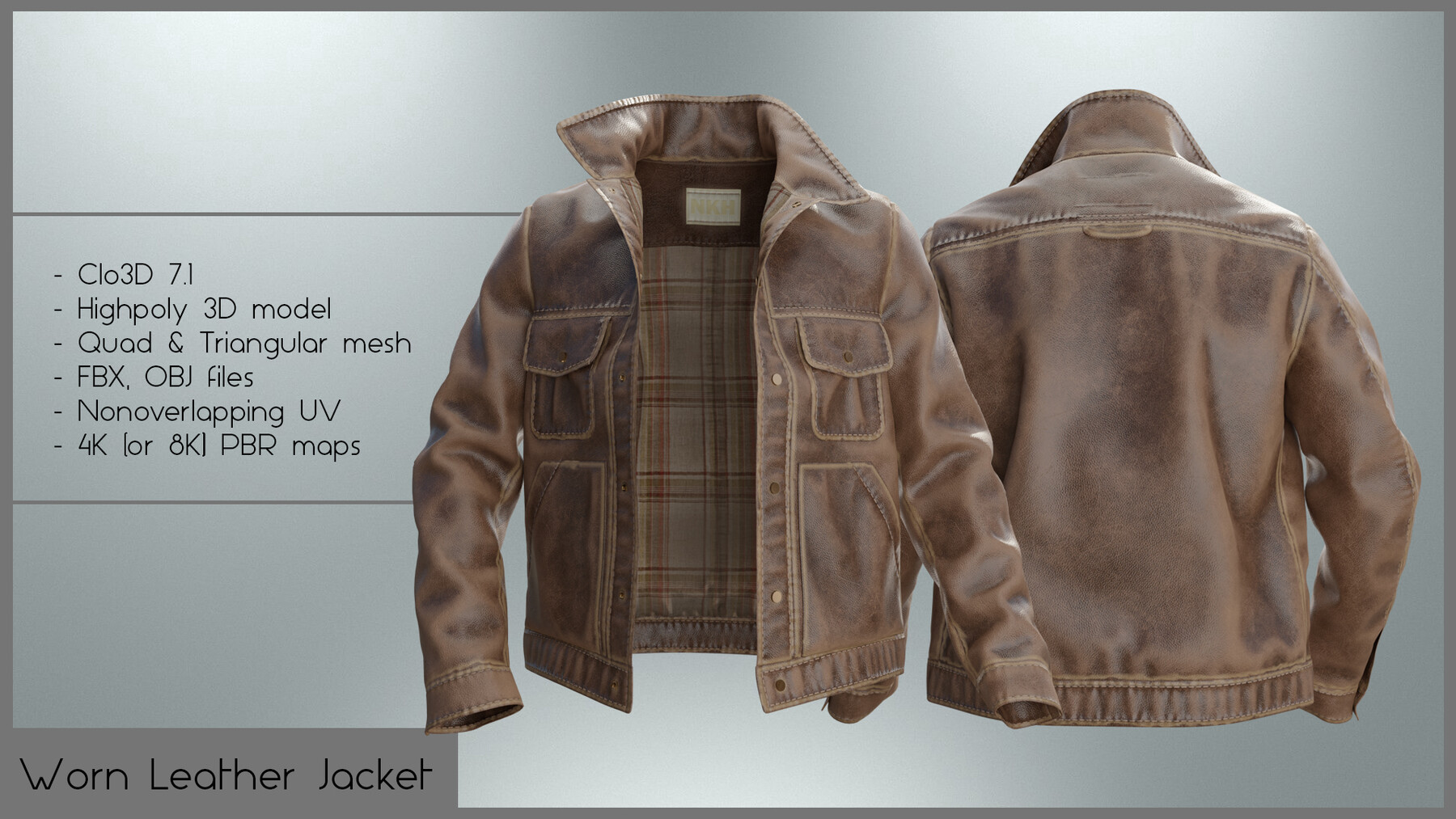 this image is a 3d model of a brown leather jacket. the jacket is worn and distressed, giving it a realistic look. it is suitable for use in game development or as a fashion asset. the model comes with highquality pbr textures and is available in both quad and triangular mesh formats. the image shows both the front and back of the jacket.  the jacket has a classic design and is made of highquality leather. it features a buttonup closure, two front pockets, and a collar.