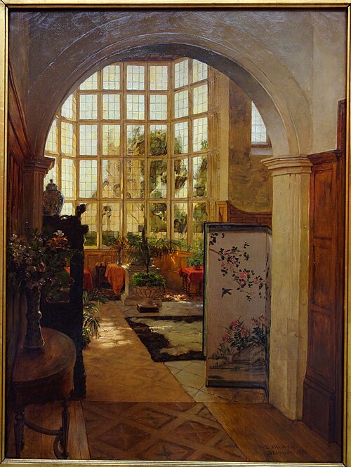 this is a painting depicting an interior scene, likely a room in a grand house or estate. a large arched window dominates the background, allowing sunlight to flood into the room, illuminating plants and furniture. a traditional oriental screen stands near a doorway to the right, and a vase of flowers sits on a round table in the foreground. the floor is made of parquet. the scene is framed by an archway, suggesting the view is from an adjacent room. the overall impression is one of elegance and tranquility.