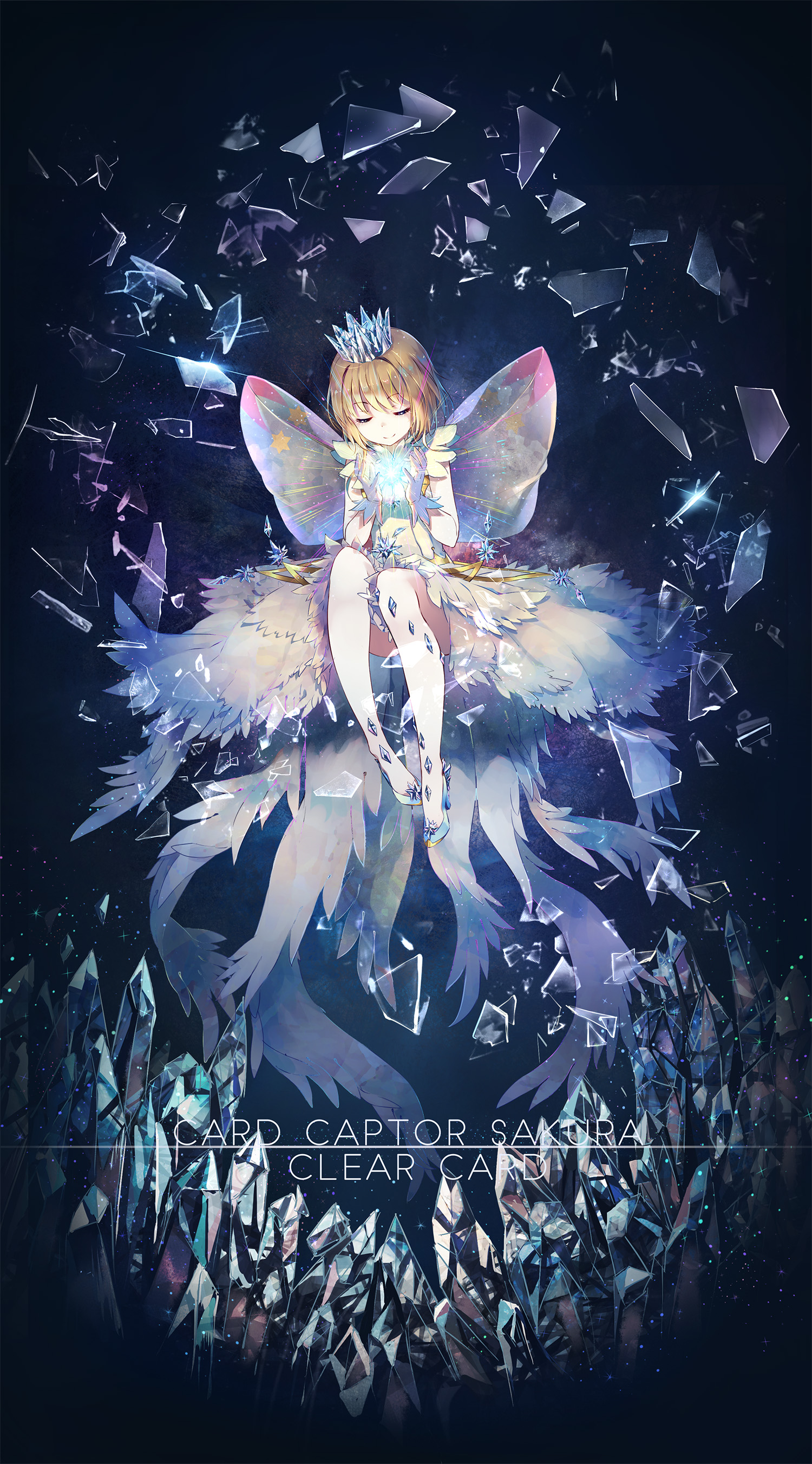 the image depicts a young girl, likely an anime character, with short blonde hair and a crown. she has large, butterflylike wings and wears a flowing white dress. she appears to be floating amidst a shower of glowing shards, possibly crystals or glass. the background is dark, creating a stark contrast and emphasizing the magical glow emanating from the girl and the shards. the overall style is reminiscent of japanese anime and manga.  the text "card captor sakura" and "clear card" are visible at the bottom, suggesting the artwork is related to that particular anime series.