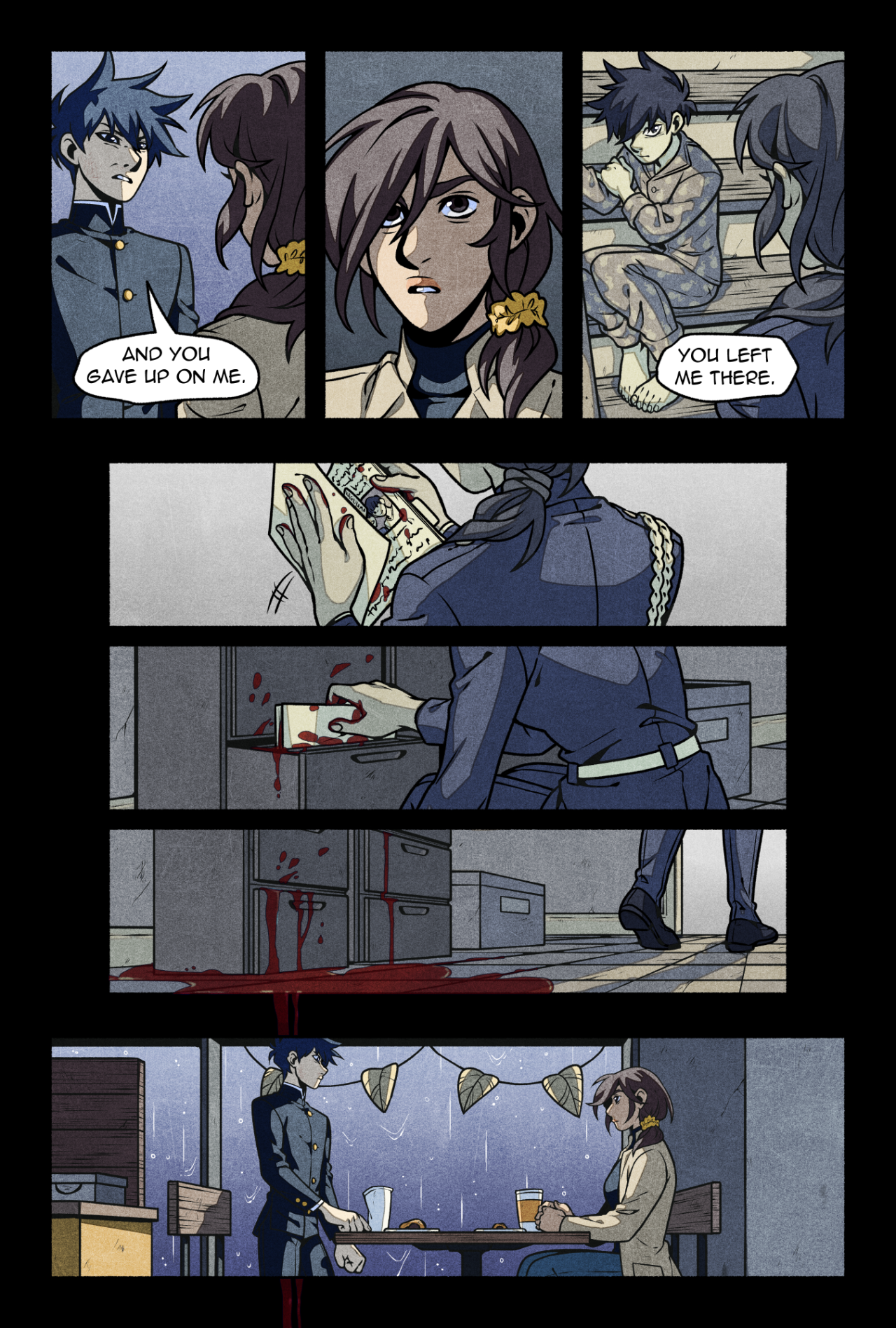 a sixpanel comic page depicts a tense conversation between a man and a woman in a cafe. the woman accuses the man of leaving her behind and giving up on her. panels show flashbacks to a prison cell, where the man is seen behind bars, and an office, where the man, now in uniform, angrily shoves papers into a drawer, splattering blood on them. the final panel returns to the cafe, with the man and woman seated, their expressions heavy with unspoken emotions. the overall color palette is muted and cool, adding to the somber and dramatic atmosphere.