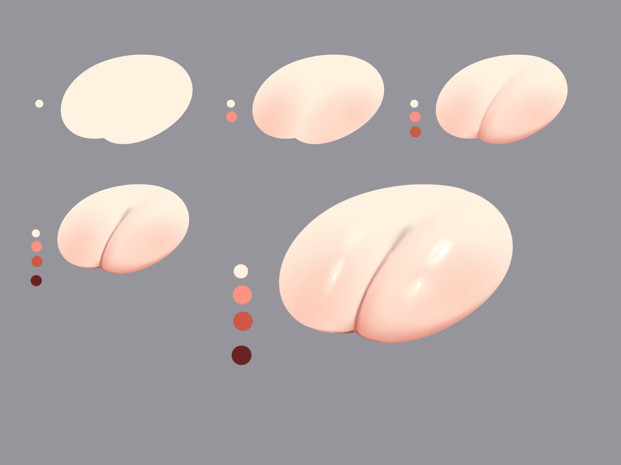 the image shows a digital painting tutorial demonstrating how to shade a rounded shape, resembling a stylized butt, using a stepbystep process. five oval shapes are displayed, each illustrating a stage of shading and highlighting, with accompanying color palettes. the final shape is fully rendered with smooth gradients and highlights, creating a threedimensional effect.