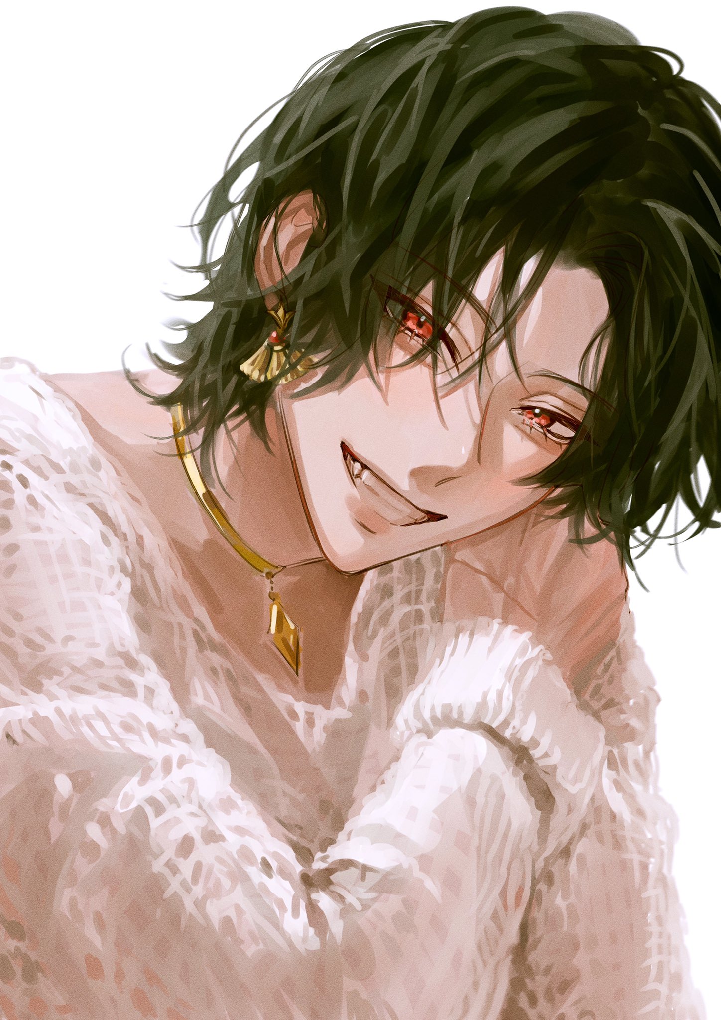 a closeup portrait of a handsome anime boy with long, dark hair, red eyes, and a smirk. he is wearing a white shirt with a gold necklace and earring, and he has a dreamy and seductive expression. the artwork is done in a digital style, and it is full of details and emotions.
