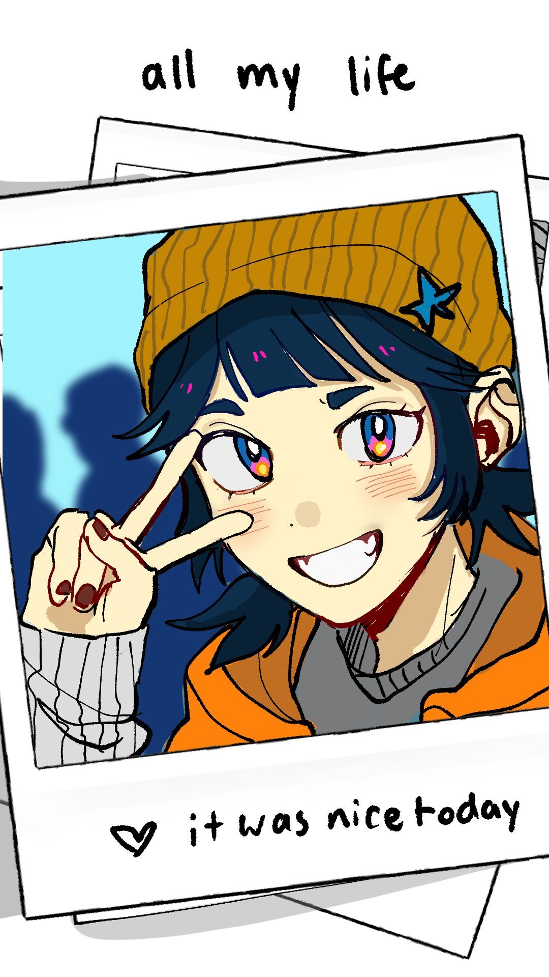 the image shows a digital drawing of an animestyle girl. she is wearing an orange jacket, a gray sweater, and a brown beanie. she is making a peace sign with her fingers and has a happy expression on her face.  the image is framed as a polaroid photo with text overlaid saying "all my life" at the top and "♡ it was nice today" at the bottom.  the background behind the girl in the polaroid is a blurry, light blue scene with indistinct silhouettes of people.  the overall style is lighthearted and cheerful.