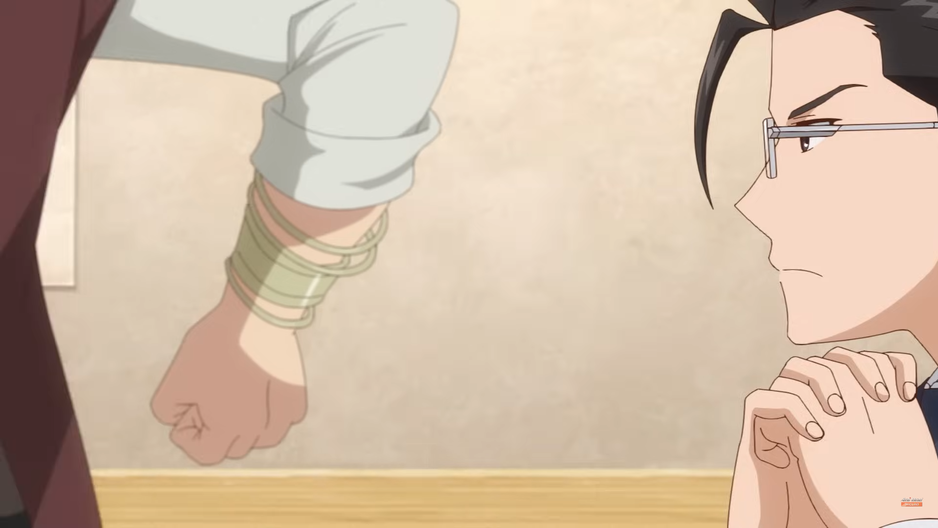 the image is a closeup shot of two anime characters. the character on the left is a man wearing a white shirt with a brown tie. he is clenching his fist and looking directly at the camera, his face is not visible. the character on the right is a man wearing a blue suit with a white shirt and tie. he has black hair and is wearing glasses. he is looking down and thinking, with a worried expression on his face. the background of the image is a light beige wall with a wooden floor. the image is welllit and focused, and the characters are drawn in a realistic anime style.