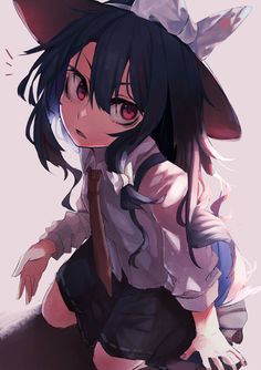 the image is of an anime drawing of a young witch with long dark blue hair and red eyes. she wears a witch's hat and a white shirt, dark blue skirt, and a brown tie, suggesting a school uniform. she is looking up at the viewer with a curious expression. the background is a solid muted color, and the lighting is soft, giving the image a gentle and approachable feel.