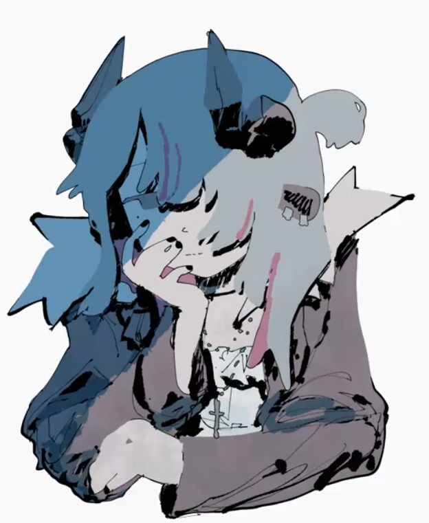 an animestyled girl with blue hair is sitting with her head resting on her hand in a thoughtful pose. she has long bangs partially covering her face, and wears a dark jacket over a collared shirt with a cross necklace. she has dark colored nail polish on her fingers. her hair is styled with a unique ornament. the art style is reminiscent of a sketch, with rough lines and muted colors.