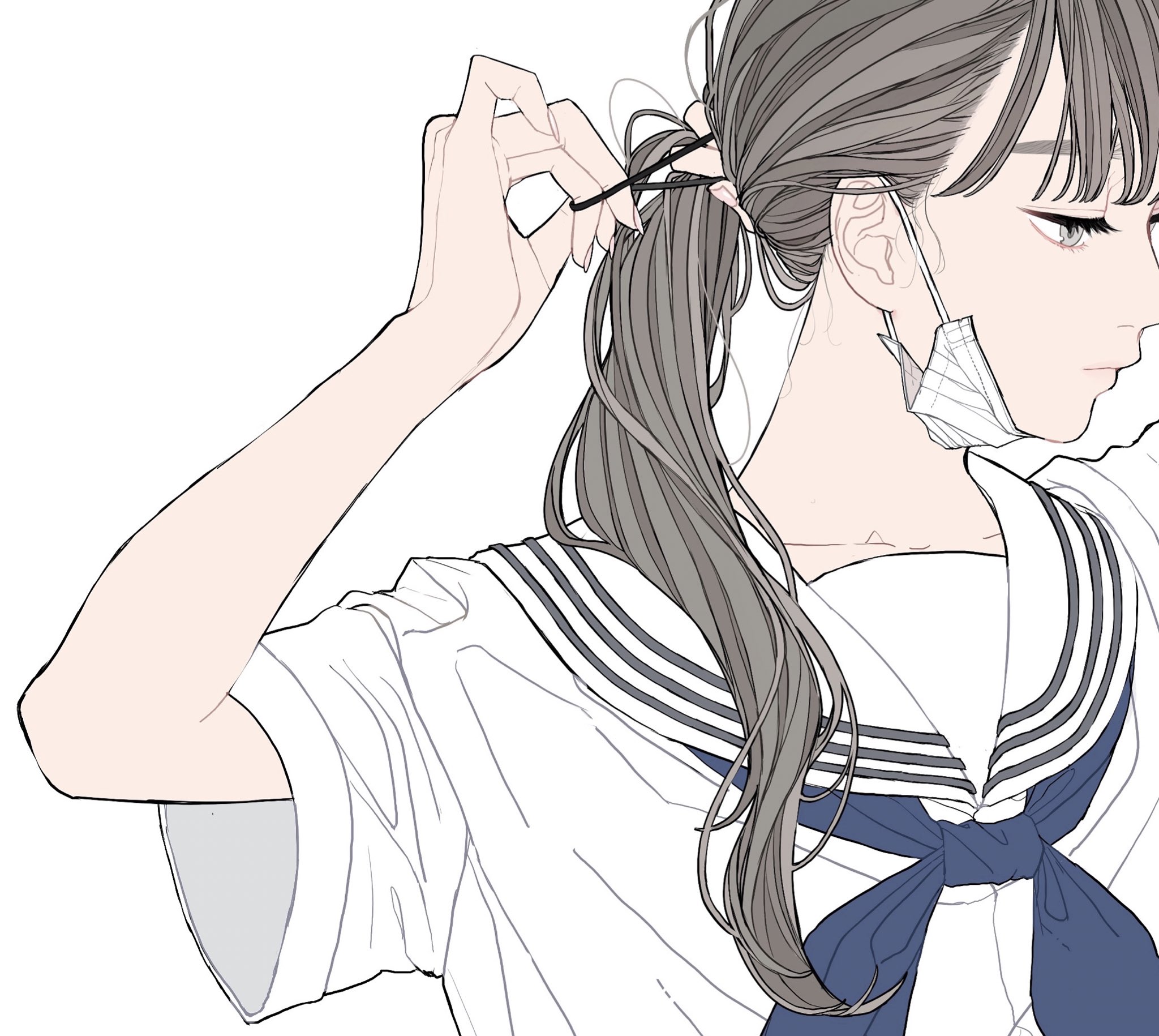 an animestyle image of a young woman in a school uniform, wearing a face mask, and tying her gray hair into a ponytail. she is seen from the side, wearing a sailor collar with a blue bow.