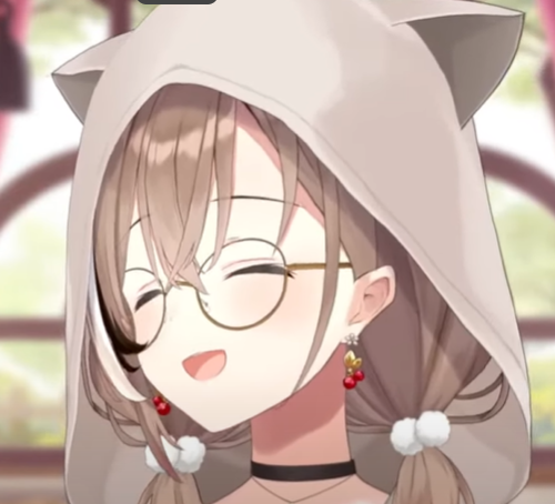 a digital illustration of an anime girl wearing a cateared hoodie. she is smiling happily with her eyes closed. the soft lighting and warm color palette create a cozy and inviting atmosphere.  she has short brown hair in pigtails and wears rounded glasses.
