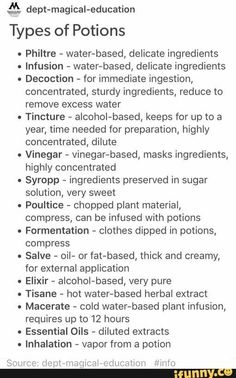 he image lists different types of potions and their properties. the potions are written in white bold font and their descriptions in a slightly gray bold font. the background is black with a logo of a white "m" enclosed in a square on the top left. on the bottom left, it says, "source: deptmagicaleducation #info" and on the bottom right "ifunny.co".