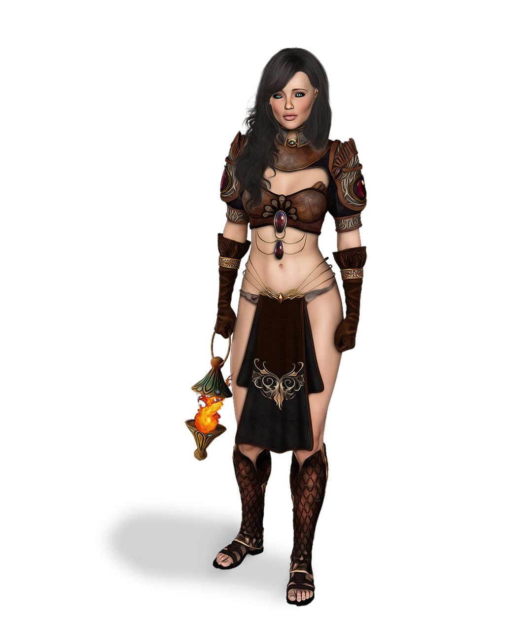 a digital illustration of a woman in fantasy armor holding a lantern with fire. she has dark hair, fair skin, and is wearing a brown leather costume with jewel accents. her outfit includes a short skirt, shoulder pads, and tall sandals. she is holding a lantern with a flame inside. the background is solid black.