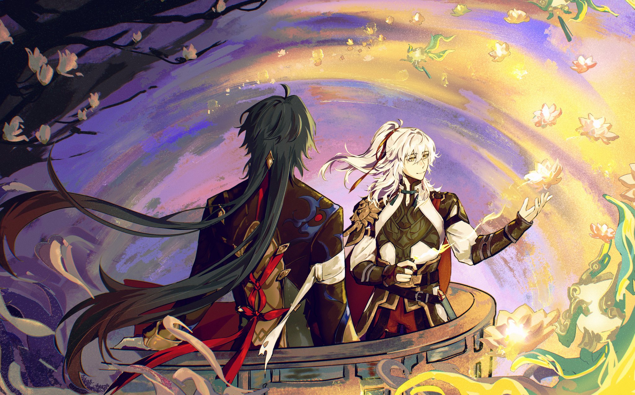 the image is a digital art piece featuring two anime characters, a male with long black hair and a female with long white hair. they are standing on a platform or balcony overlooking a nighttime sky with white clouds and stars. the sky is painted in shades of purple and gold, with abstract swirls and patterns. the male character is wearing a black and red outfit, while the female character is wearing a white and gold outfit. both characters have a serious and determined look on their faces. there are flowers blooming in the air and on the ground, resembling lotuses. the overall style of the image is fantasythemed and evocative.