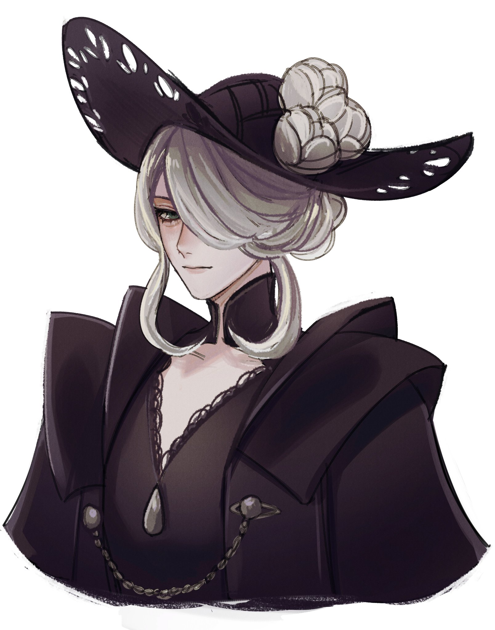 a digital drawing of a woman with long white hair wearing a black dress and hat with white flowers. the background is white.