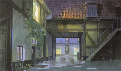 the image shows a narrow alleyway in an old european town at night. the alleyway is lined with buildings on both sides, and there is a staircase leading up to the second floor of one of the buildings on the right. the buildings are made of brick and have tiled roofs. there are windows on the buildings, and some of them are lit up from inside. the ground is wet from the rain, and there are puddles in the street. the scene is lit by streetlights and the lights from the windows of the buildings. the overall atmosphere is one of quiet and peacefulness.