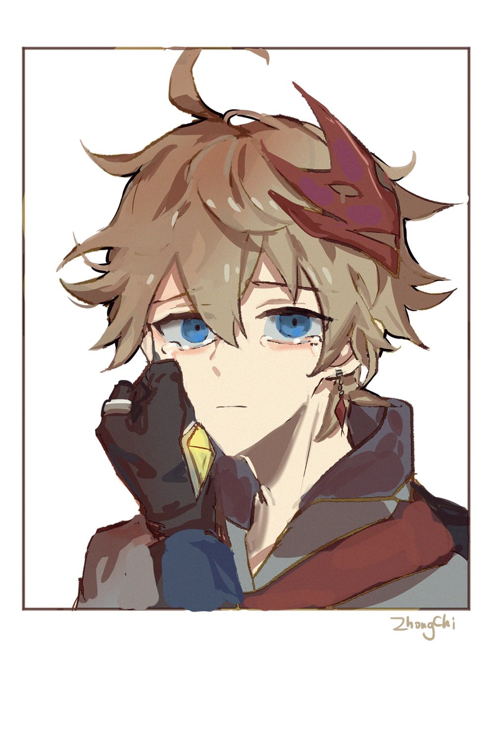 this is a digital art portrait of an anime boy with brown hair and blue eyes. he's looking down with a sad expression on his face. he has tears on his cheeks and is wearing gloves and a headband. his clothing is red and blue. the art style is reminiscent of manga and anime.