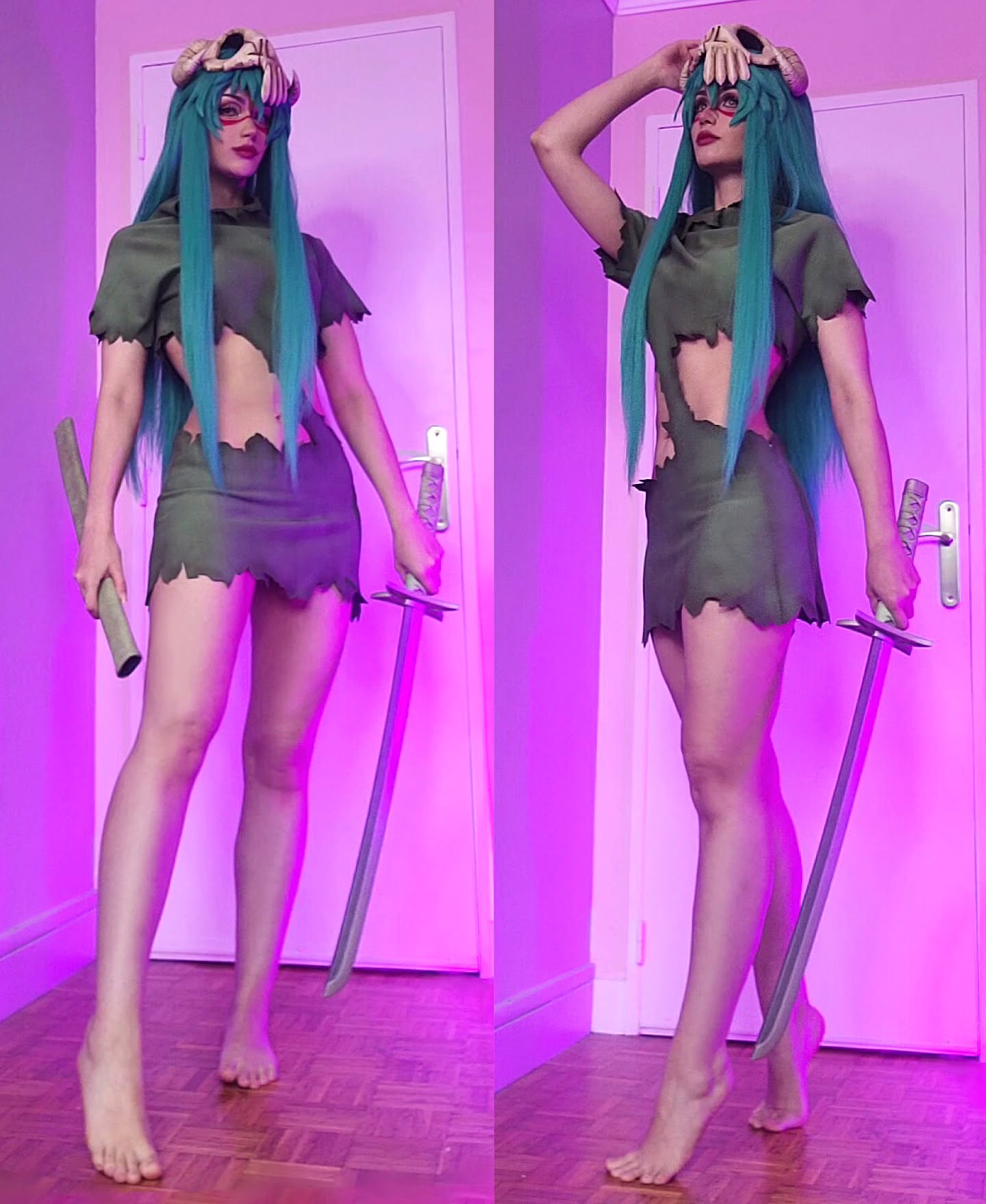 his image shows a female cosplayer dressed as nemu kurotsuchi from the anime and manga series bleach.  she's wearing a detailed recreation of nemu's ragged, olivegreen outfit and signature skull mask.  she's posed holding a katana in each image, presented sidebyside in what appears to be a brightly lit room with pink walls. the cosplayer is barefoot and her long green hair is styled to match nemu's appearance. the images are nearly identical except for the minor differences in her pose.