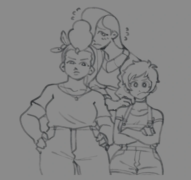 this is a digital drawing of three cartoon girls, all in casual wear.  the girl on the left has short hair and is wearing a tshirt and pants, her arms are akimbo. the girl in the center has long hair and is wearing a tshirt and short, she is standing behind the girl on the left. the girl on the right is wearing a tshirt and shorts, she has her arms crossed. all three are looking at the viewer.