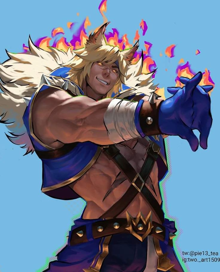 the image is a digital painting of a muscular male fantasy character. he has fox ears and blond hair with a large, fluffy mane.  he's wearing a blue and gold outfit with leather straps and accents. flames are depicted around his head and shoulders, adding to a dynamic and powerful effect. the character is posed with a confident and somewhat challenging expression, reaching out toward the viewer.  the art style is reminiscent of anime and video game character design, focusing on bold lines, vibrant colors, and a sense of energy. the background is a simple light blue.  the artist's social media handles are visible in the bottom right corner.