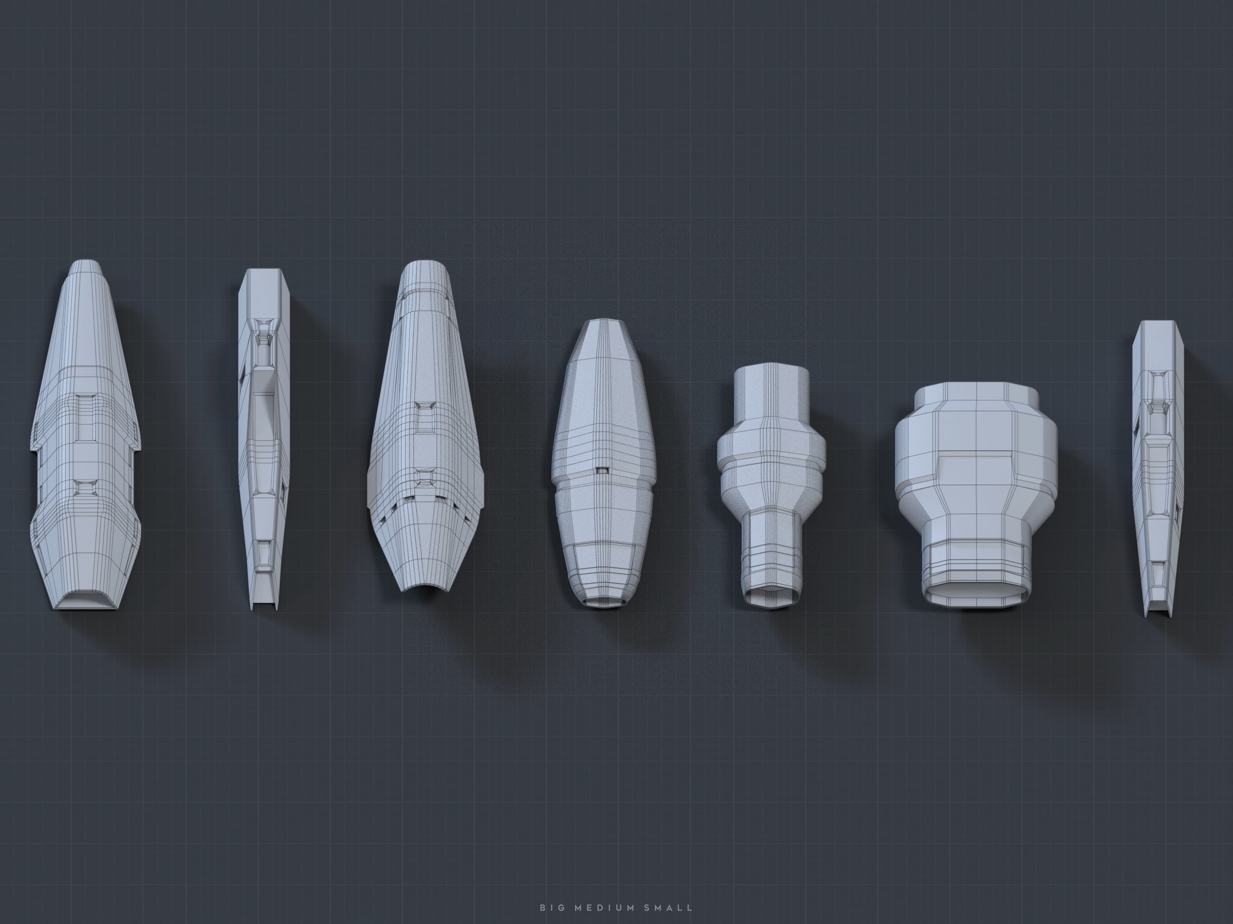 the image presents a series of eight 3d wireframe models of what appear to be futuristic projectiles or spaceship components.  they are arranged in a row from left to right, showing a size progression from large to small. the models are rendered in a simple grayscale wireframe style against a dark gray gridded background.  the text "big medium small" is subtly placed at the bottom, confirming the size comparison.  the objects vary in shape, suggesting different functionalities or stages of development.  the overall style suggests this is likely concept art for a video game or film.
