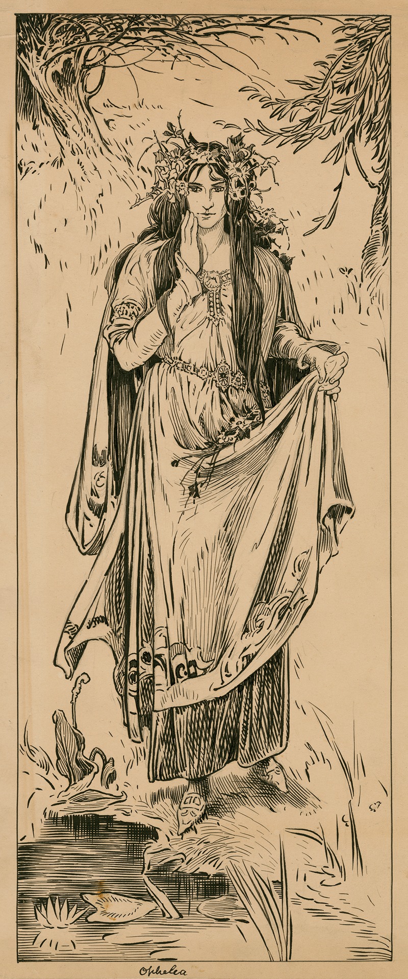 an illustration depicts ophelia standing in a swampy area near a pond. she wears a long gown with intricate patterns along the hem and a cape draped over her shoulders. her head is adorned with a floral crown. the background includes trees, lily pads, and other vegetation.