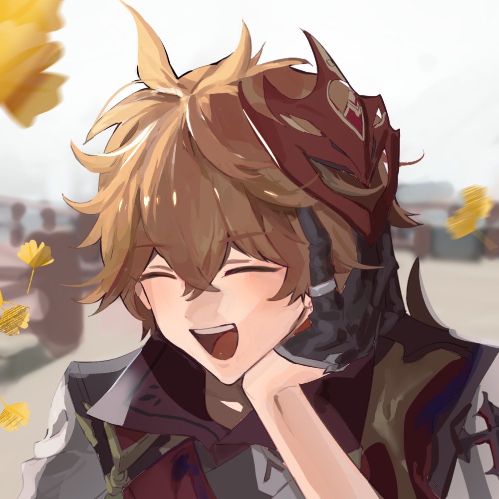 this is a digital drawing of an anime boy with brown hair smiling and laughing with his hand near his cheek. he is wearing a red mask and black gloves. he is facing the right side and the background is blurry.