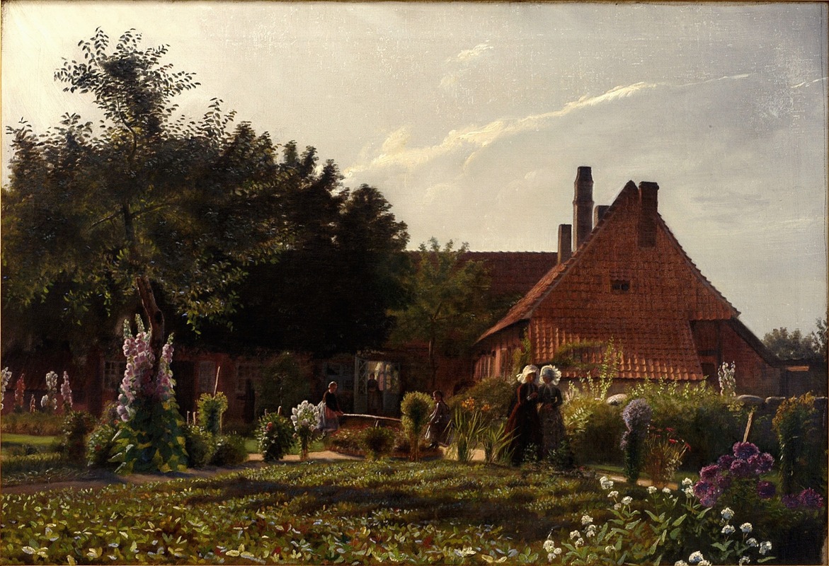 an oil painting depicts a vibrant garden scene with a large cottagestyle house in the background. the foreground is filled with a variety of flowers and plants in full bloom, creating a colorful and textured landscape. several figures of women are depicted in the garden, adding a human element to the scene. the house, with its red tile roof and multiple chimneys, is situated behind the garden, partially obscured by lush trees. the sky is bright with some clouds, creating a warm sunlight effect over the whole scene. the painting exhibits a vintage or historical style, suggesting it was created in an earlier era.