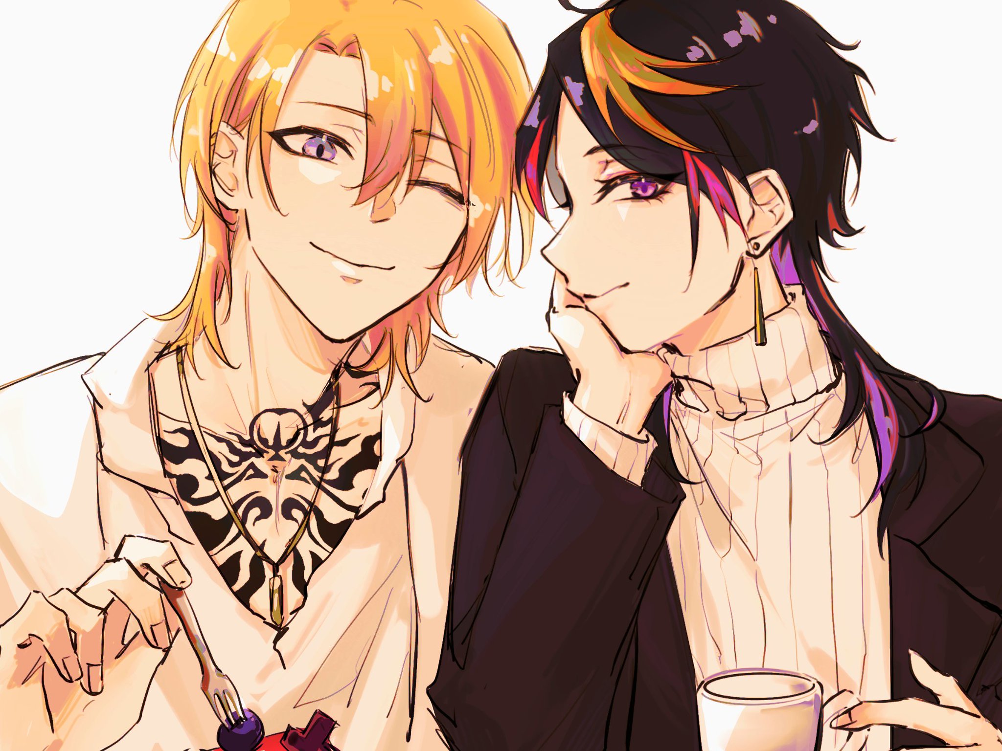 this anime illustration showcases two young men, friends or a couple, sitting together, enjoying a sweet treat. the blonde boy on the left has a tattoo on his chest and is happily eating while the darkhaired boy on the right, who has an earring, is gazing at him with a smile. their warm and stylish outfits enhance their charming personalities.