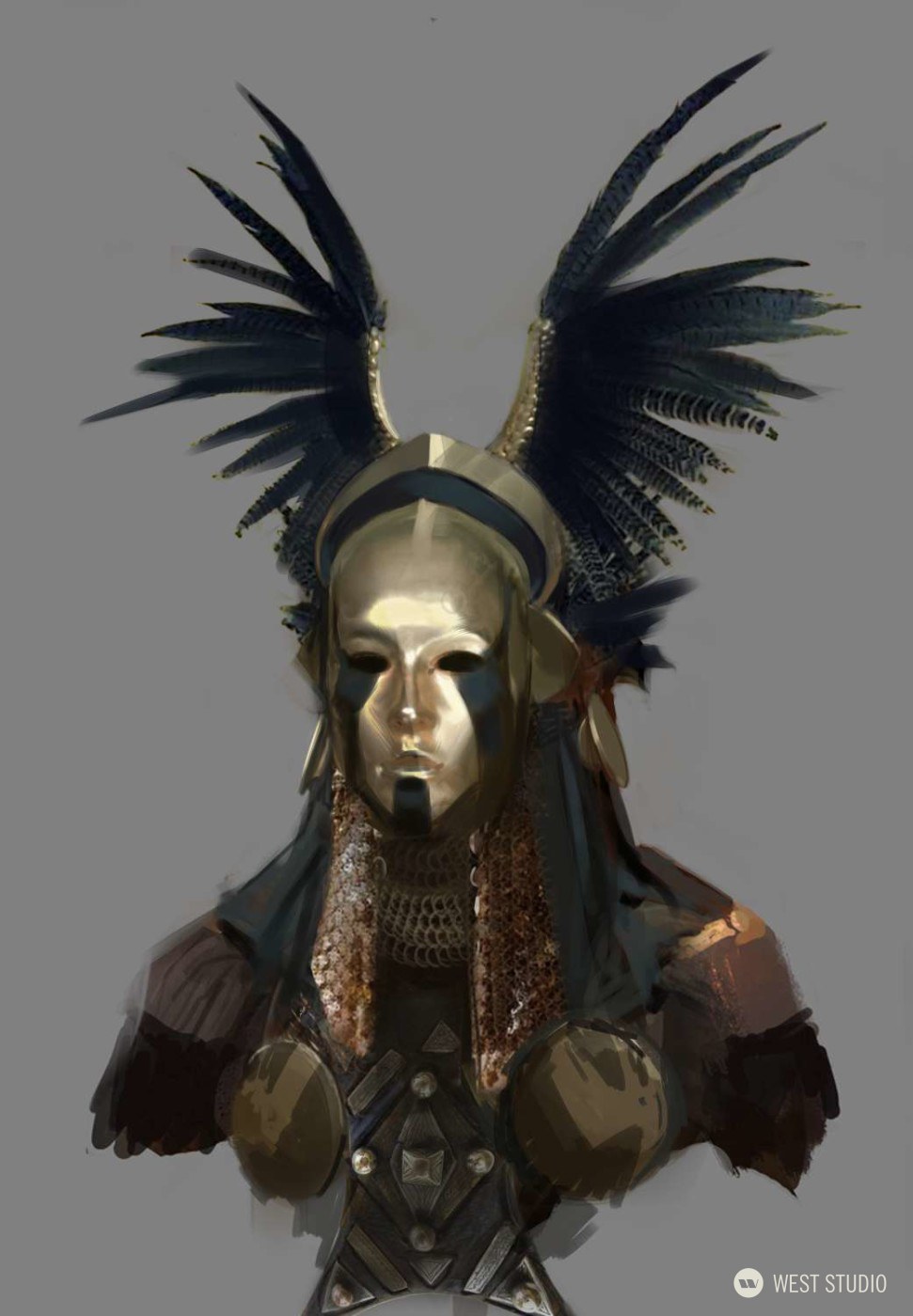 this is a digital drawing of a female warrior, shown from the chest up. she wears elaborate goldcolored armor, including a helmet with a stylized face mask. large, dark feathers are incorporated into the helmet, creating a dramatic silhouette. the woman's expression is hidden behind the mask, lending an air of mystery and strength to her demeanor. the artist's focus is on showcasing the intricate details of the armor and the imposing presence of the warrior. the overall tone of the drawing is dark and dramatic, hinting at the character's power and mystique.
