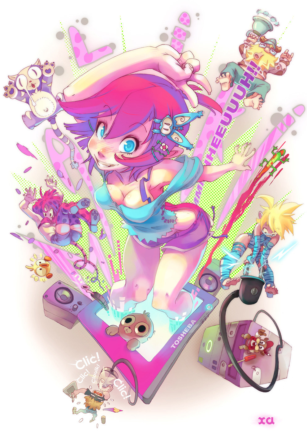 the image features a colorful cartoon style anime girl with pink hair and blue eyes. she's in a pink and blue outfit, dancing with her right hand in the air and right leg raised. she is surrounded by various objects and characters, suggesting a digital art theme. there are a couple of cartoon characters with her, there's a cartoon drawing tablet with a smaller cartoon character with her. there's a cartoon tablet screen, a cartoon mouse, and a cartoon headphone. these are all set against a colorful background with pink, blue, and yellow.