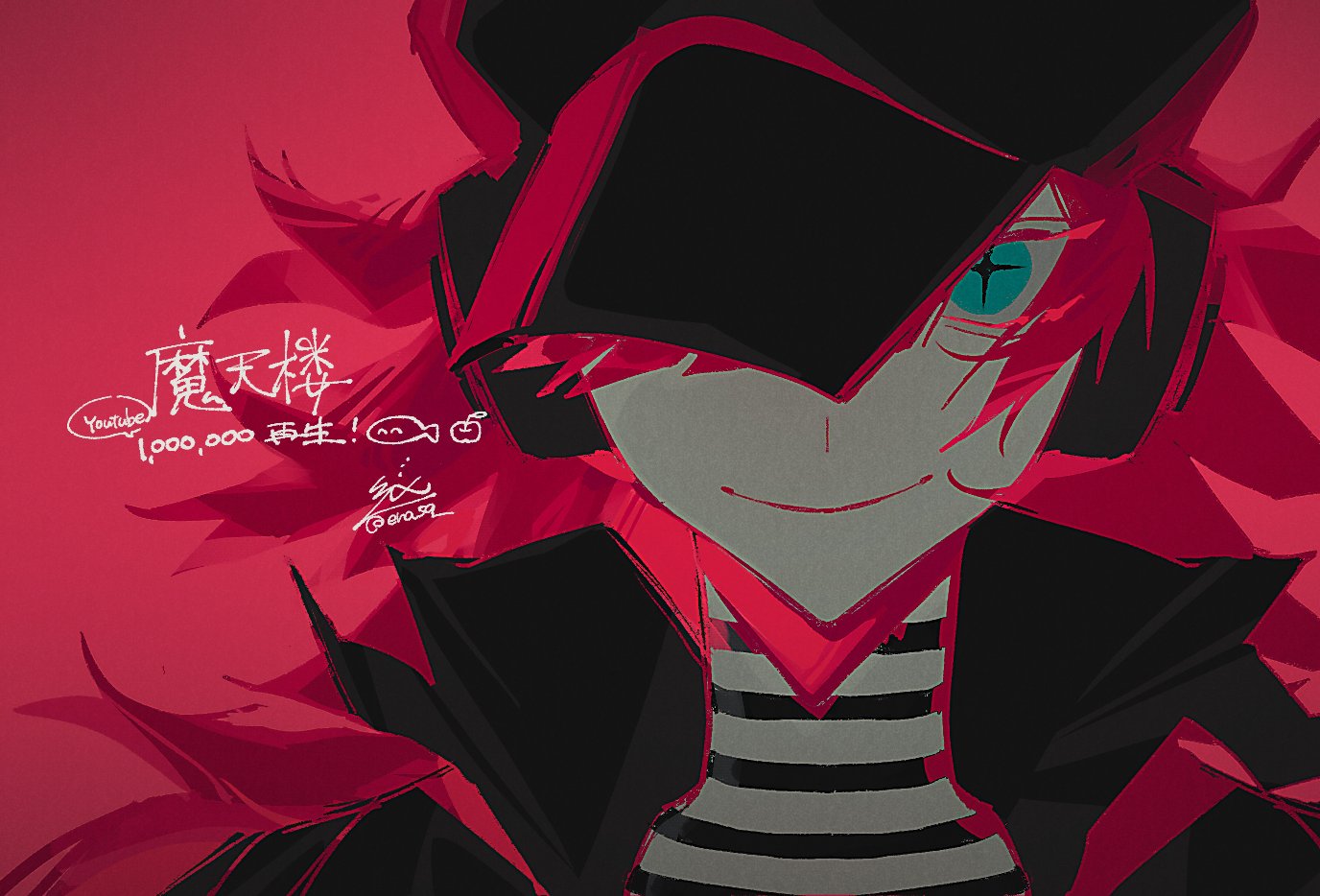 the image is a piece of digital fanart, likely celebrating a youtube milestone (1,000,000 subscribers).  it features a stylized animestyle character with bright red, dynamic hair partially obscured by a large black hat or mask. the character is wearing a black outfit with a prominent striped shirt visible at the neckline. their single visible eye is a striking turquoise.  the art style is bold and expressive, utilizing strong lines and vibrant colors, especially shades of red.  a celebratory message and signature are incorporated into the artwork, adding to its personal and celebratory feel. the overall aesthetic is energetic and somewhat edgy.