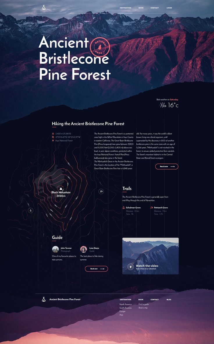 the image is a website screenshot for an ancient bristlecone pine forest. the website has a dark background with white text, and it features images of mountains, a map of the forest, and information about hiking trails, guides, and videos. the website also includes a weather forecast and a contact page. the website is designed to be visually appealing and informative, and it is likely targeted at people who are interested in hiking and exploring nature.