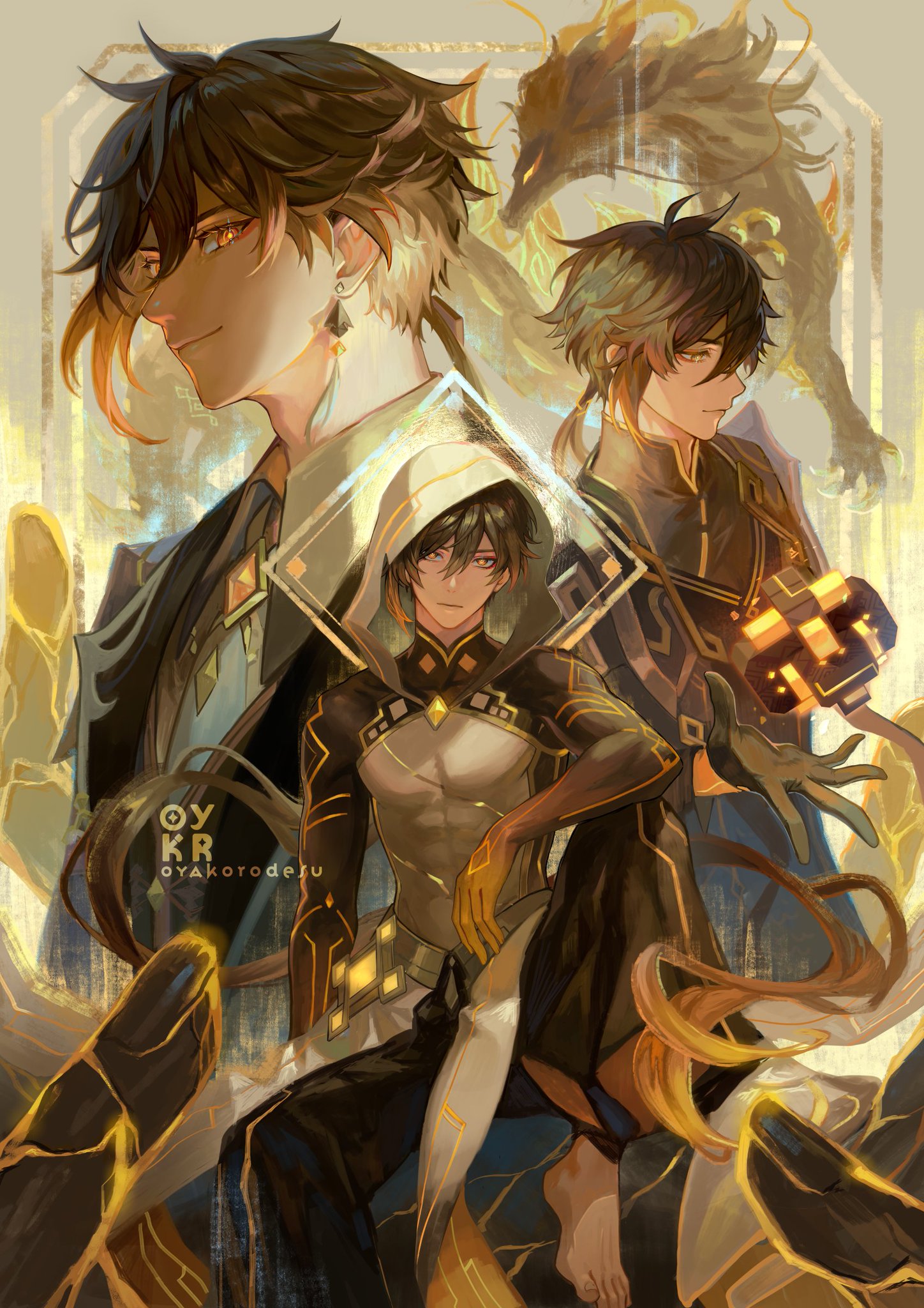 the image is a digital art piece that depicts three anime characters in a dynamic pose. the characters are all male and appear to be dressed in various styles of fantasy clothing, each with their own unique look. the character on the left has a dark, long hair and a strong, almost noble presence. the character on the right has a more casual look, with shorter hair and a determined expression. the character in the middle is wearing a white and gold suit with intricate details, suggesting they may be a leader or commander of some sort. the three characters are set against a background featuring a stylized dragon, with the focus being on the characters themselves. the art style is highly detailed and intricate, with a bold use of color and strong contrasts. this image could be a promotional image for a video game, anime, or manga, or it could be a fan art piece inspired by one of those media.