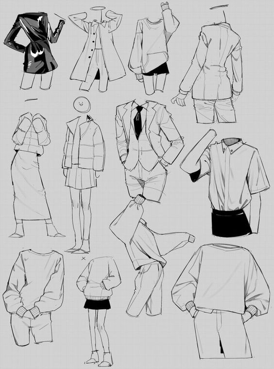 the image consists of a series of fashion sketches, showcasing various poses and clothing styles. each sketch features a simplified figure with elongated limbs and a small head, emphasizing the flow and drape of the garments. the clothing items range from coats and jackets to shirts and pants, offering a diverse array of textures and silhouettes. the sketches are rendered in a loose and expressive style, using primarily black ink on a light gray background.