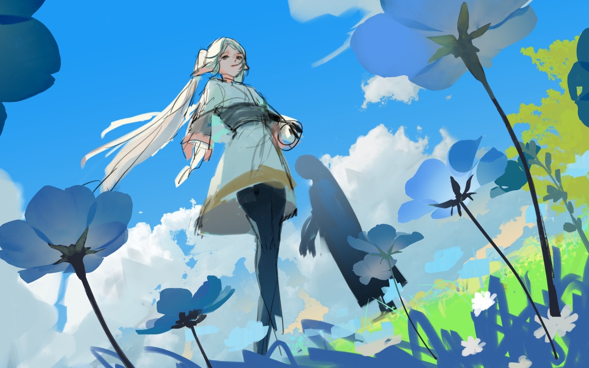 the image is a digital painting of an anime girl standing in a field of blue flowers. the girl has long white hair and is wearing a white and blue outfit. the sky is blue with fluffy white clouds, and the sun is shining brightly. the image is from a low angle, making the girl appear tall and the flowers appear large. the overall tone of the image is happy and peaceful.