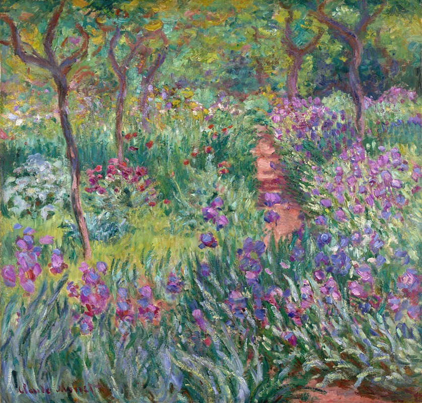 the image is a painting by claude monet, an impressionist work depicting a garden scene. a red brick pathway winds through a profusion of colorful flowers, particularly irises in shades of purple and blue. trees with bare trunks stand among the flowers and foliage. the painting is characterized by impressionistic brushstrokes and a focus on light and color, capturing the essence of a natural landscape.