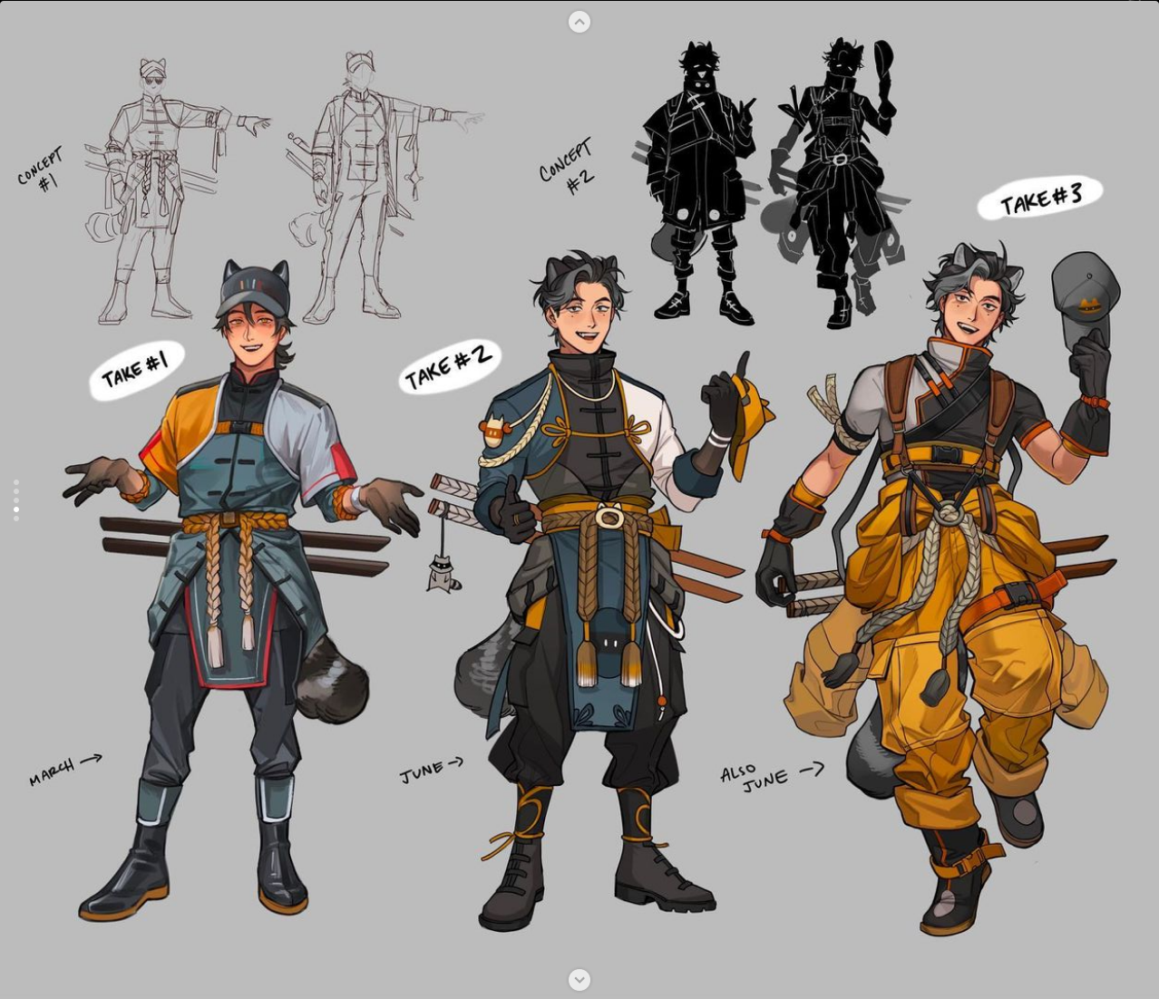 this image presents three iterations of a male character design. the character, sporting a mischievous grin and a raccoon tail, is depicted in various stages of outfit development. from the initial sketches labeled "concept #1" and "take #1," to the more refined "concept #2" and "take #2," we witness the evolution of his attire. the final design, "take #3," showcases a dynamic and stylish ensemble, featuring a blend of modern and traditional elements. each design variation is accompanied by a month, hinting at a potential timeline or seasonal change within a narrative. the artist's use of vibrant colors and confident lines brings the character to life.