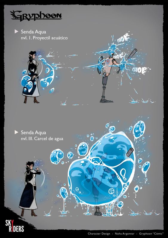 a digital drawing of a young man casting water magic. he is dressed in black and white clothing. the background is light gray. there are two panels, the top panel shows him shooting a jet of water, and the bottom panel shows him trapping someone in a bubble of water. there is spanish text on the image describing each attack.
